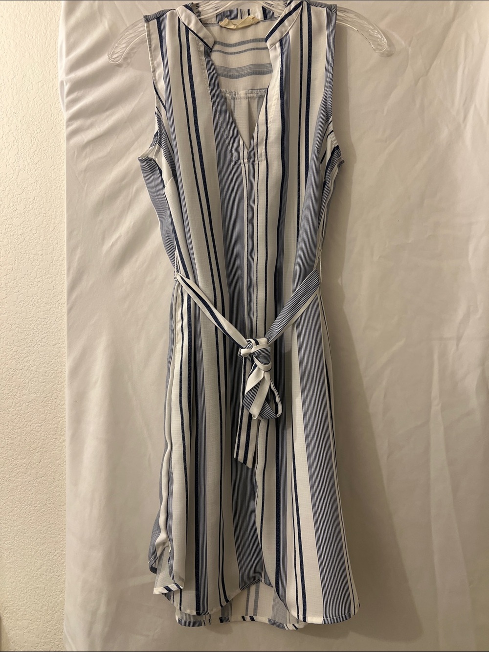 Sleeveless Blue and White Striped Tie-Waist Dress